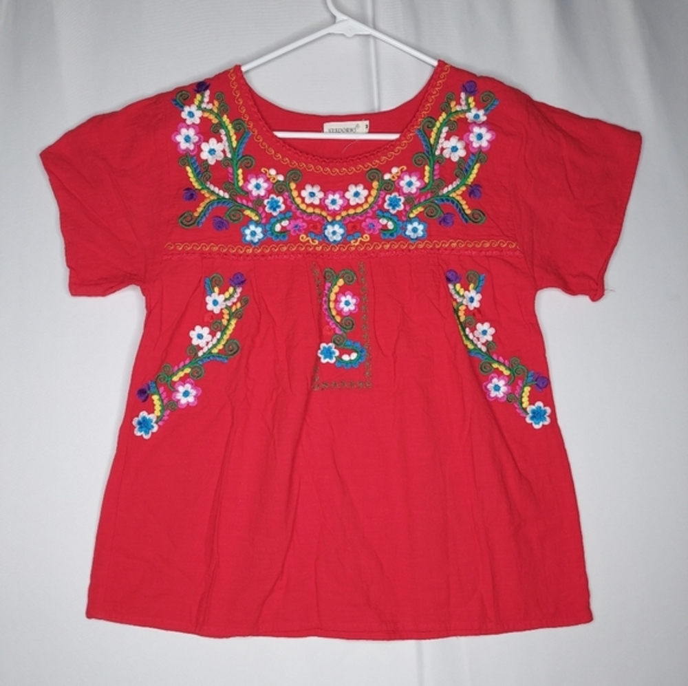YZXDORWJ Baby Doll Top Womens Medium Red Short Sleeve‎ Embroidered Floral Artsy